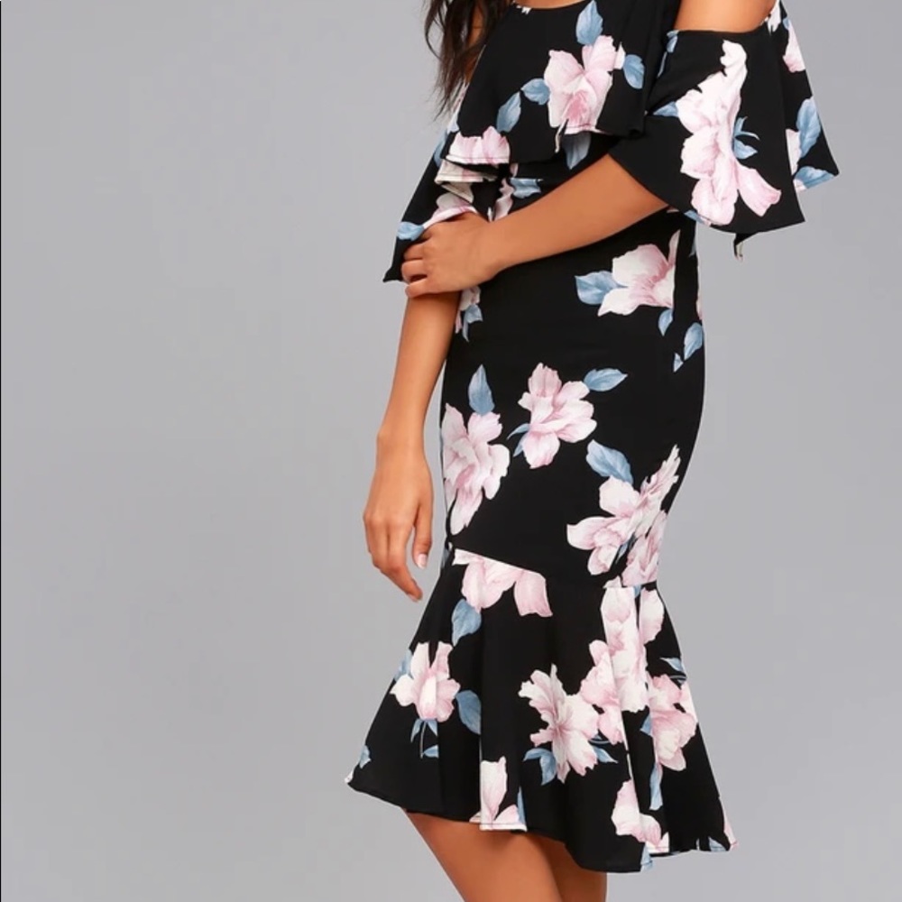 Lulus black floral print off shoulder dress